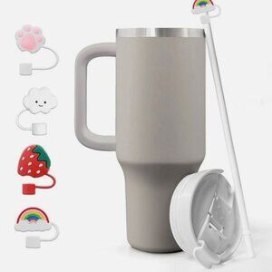 40 OZ Warm Gray Tumbler With Handle & Straw, Toppers/ NIB
